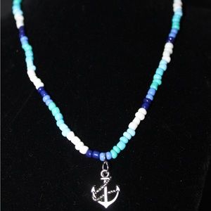 Blue seed bead necklace with anchor charm
